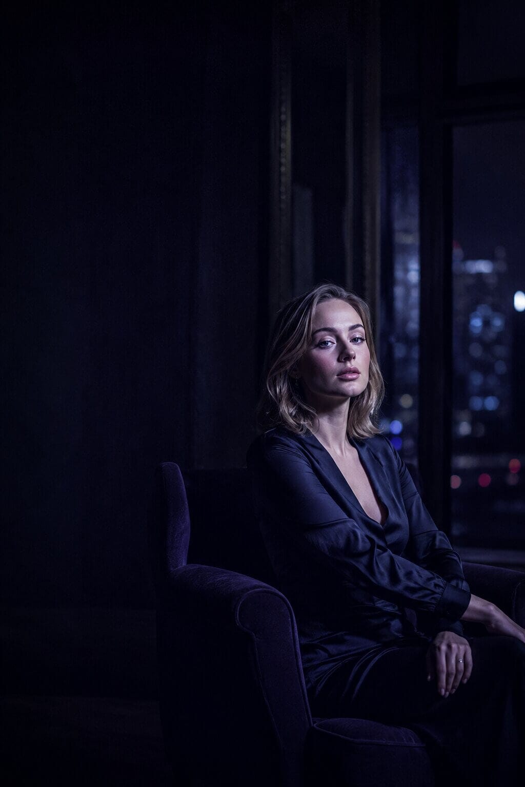 Confident Moonrise Models member in a stylish, softly lit private space